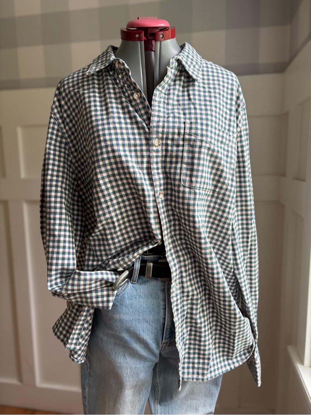 Men's Cotton Casual Green & White Gingham Button-Down Shirt 2XL